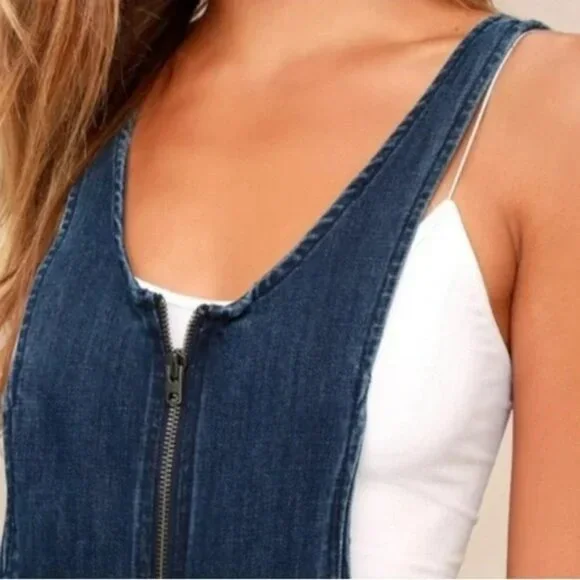 Free People Jax Blue Denim Jean Jumpsuit Skinny Zipper Front Overalls. SZ XS - Picture 6 of 6